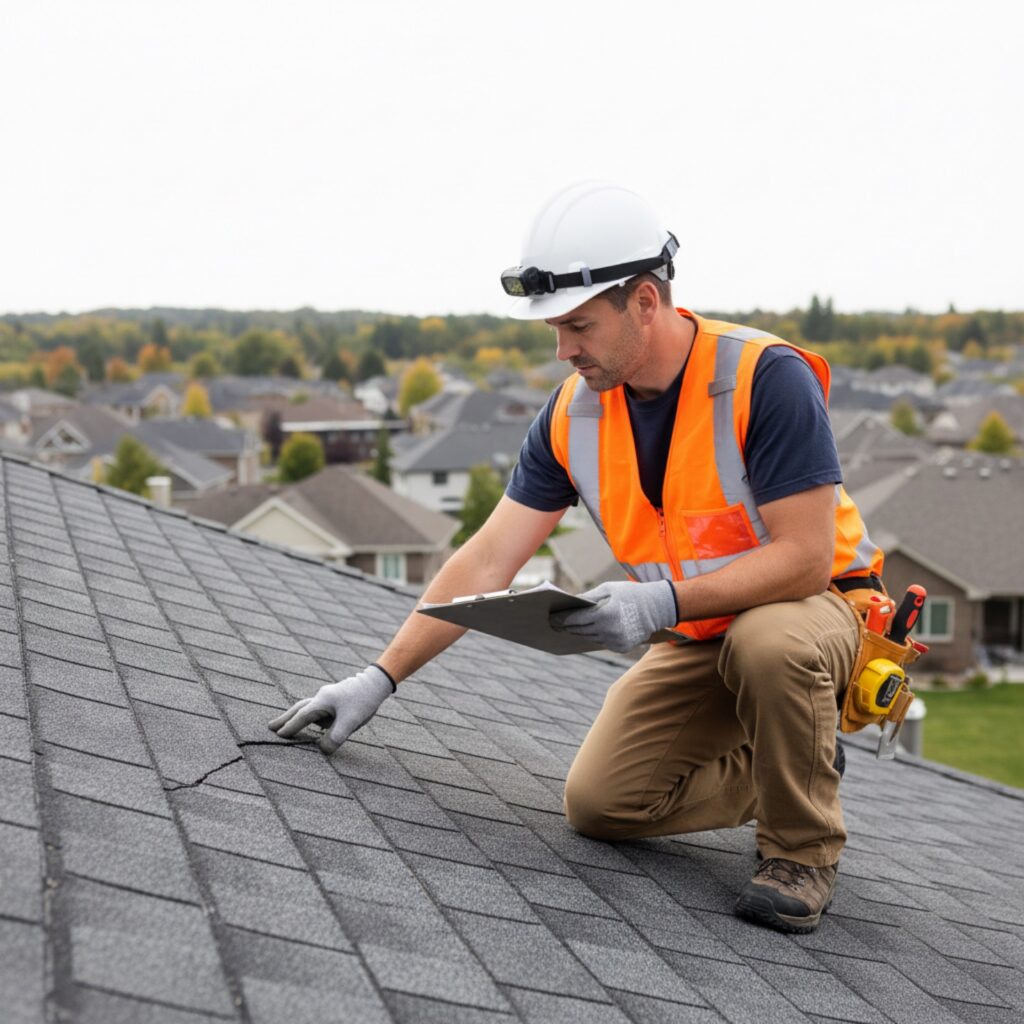 Roofing contractor inspecting a residential roof in Overland Park, KS